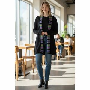 BOB MACKIE NWT Black/Multi Striped Shawl Color Wearable Art Longline Cardigan XL